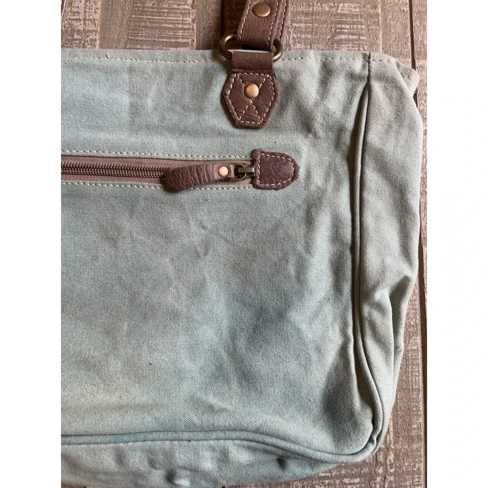 Myra Bag Small Turquoise Canvas Leather‎ Texas EST. 1962 Up-cycled Tote Handbag